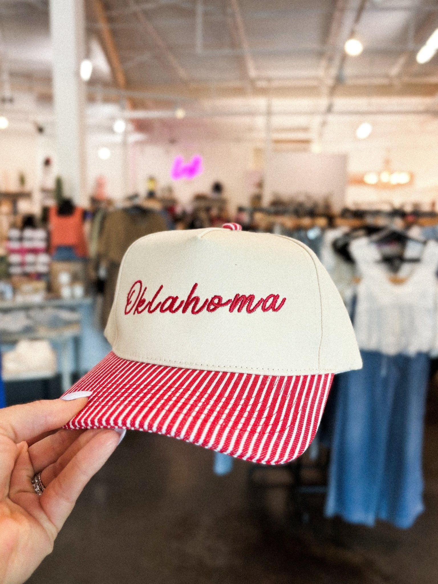 Oklahoma script pinstripe hat natural/red - Trendy Gifts at Lush Fashion Lounge Boutique in Oklahoma City