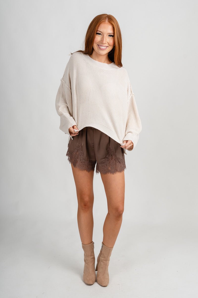 Lace trim satin shorts mocha