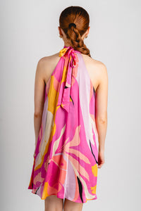 Abstract halter mini dress pink multi - Adorable dress - Stylish Vacation T-Shirts at Lush Fashion Lounge Boutique in Oklahoma City