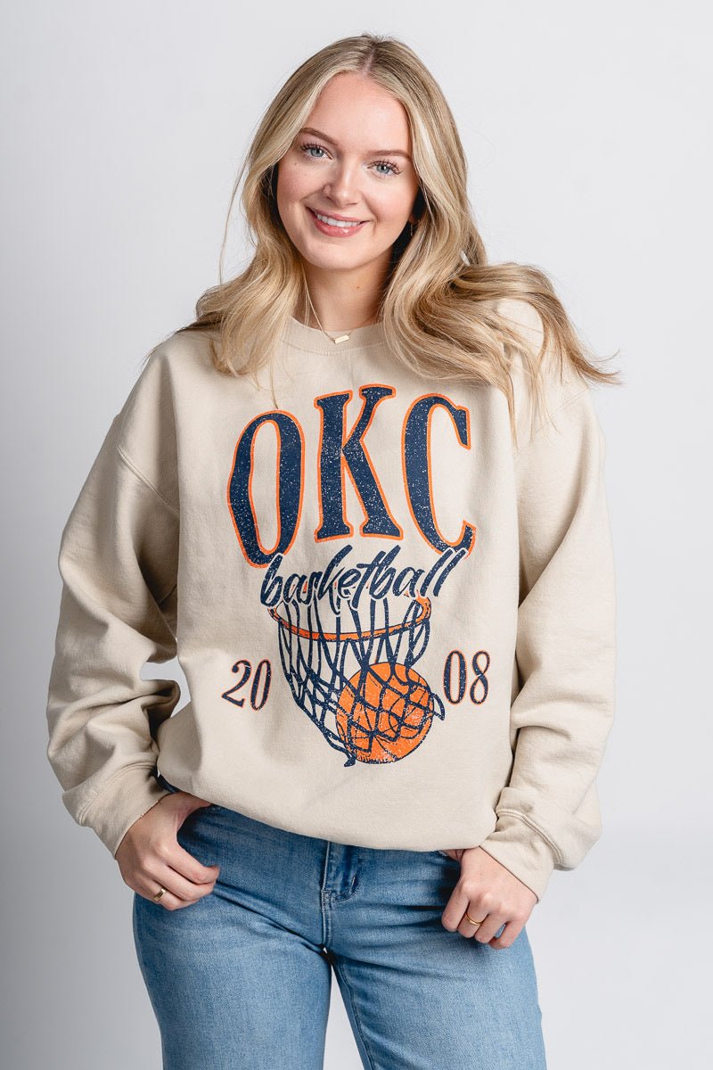 OKC big basketball thrifted sweatshirt natural - Trendy Oklahoma City Basketball T-Shirts Lush Fashion Lounge Boutique in Oklahoma City