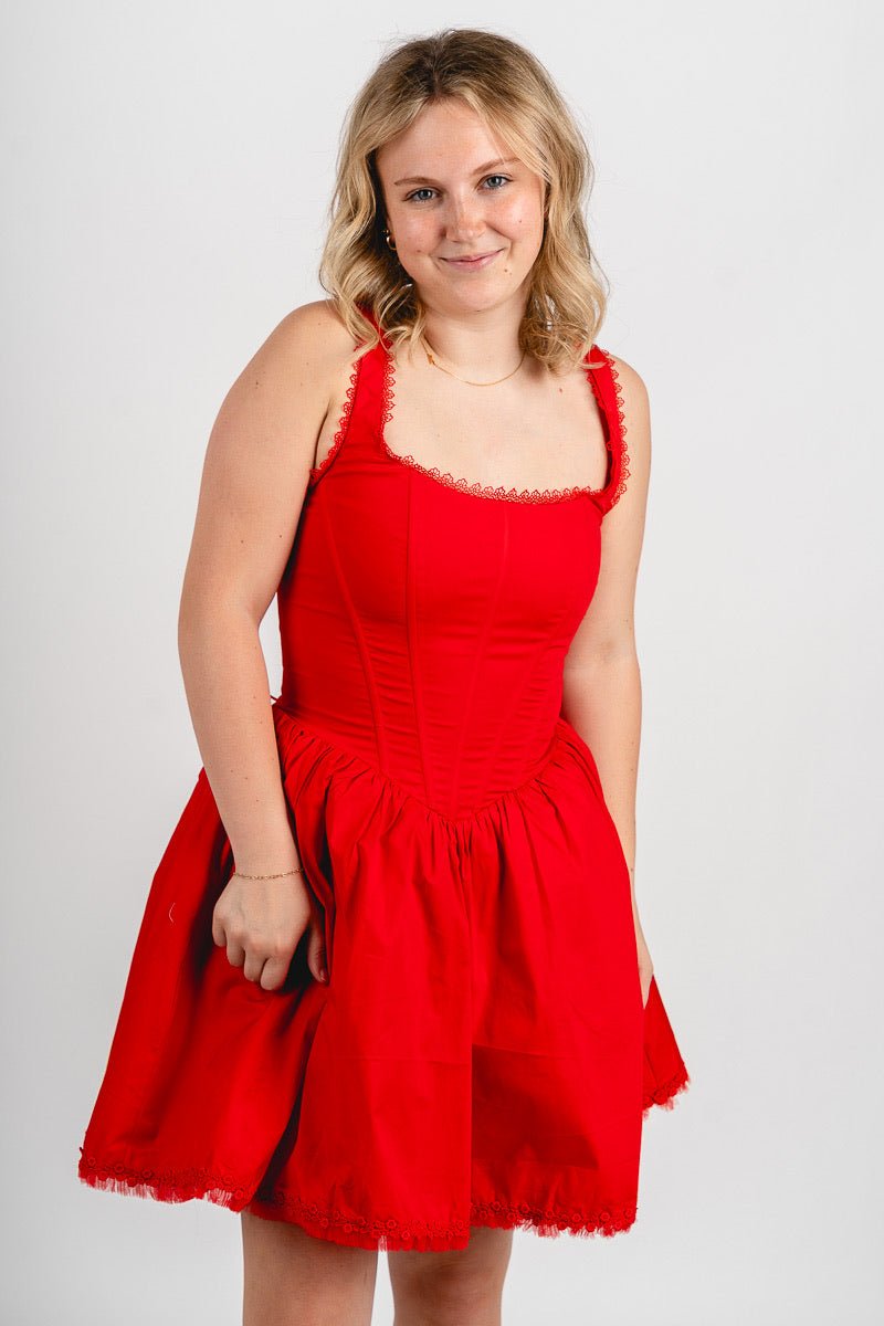 Corset flare mini dress red - Cute dress - Trendy Dresses at Lush Fashion Lounge Boutique in Oklahoma City