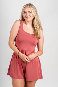 Sleeveless knit romper marsala - Affordable Romper - Boutique Rompers & Pantsuits at Lush Fashion Lounge Boutique in Oklahoma City