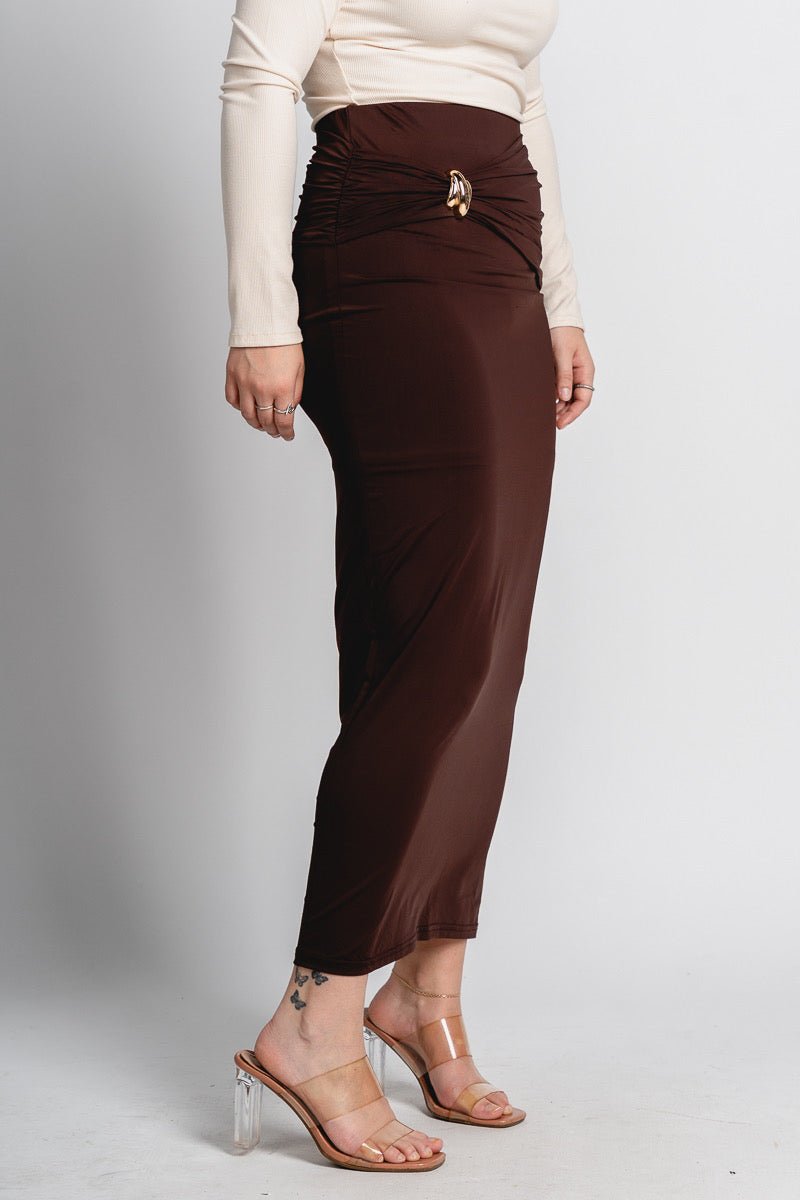 Ruched maxi skirt espresso | Lush Fashion Lounge: boutique fashion skirts, affordable boutique skirts, cute affordable skirts