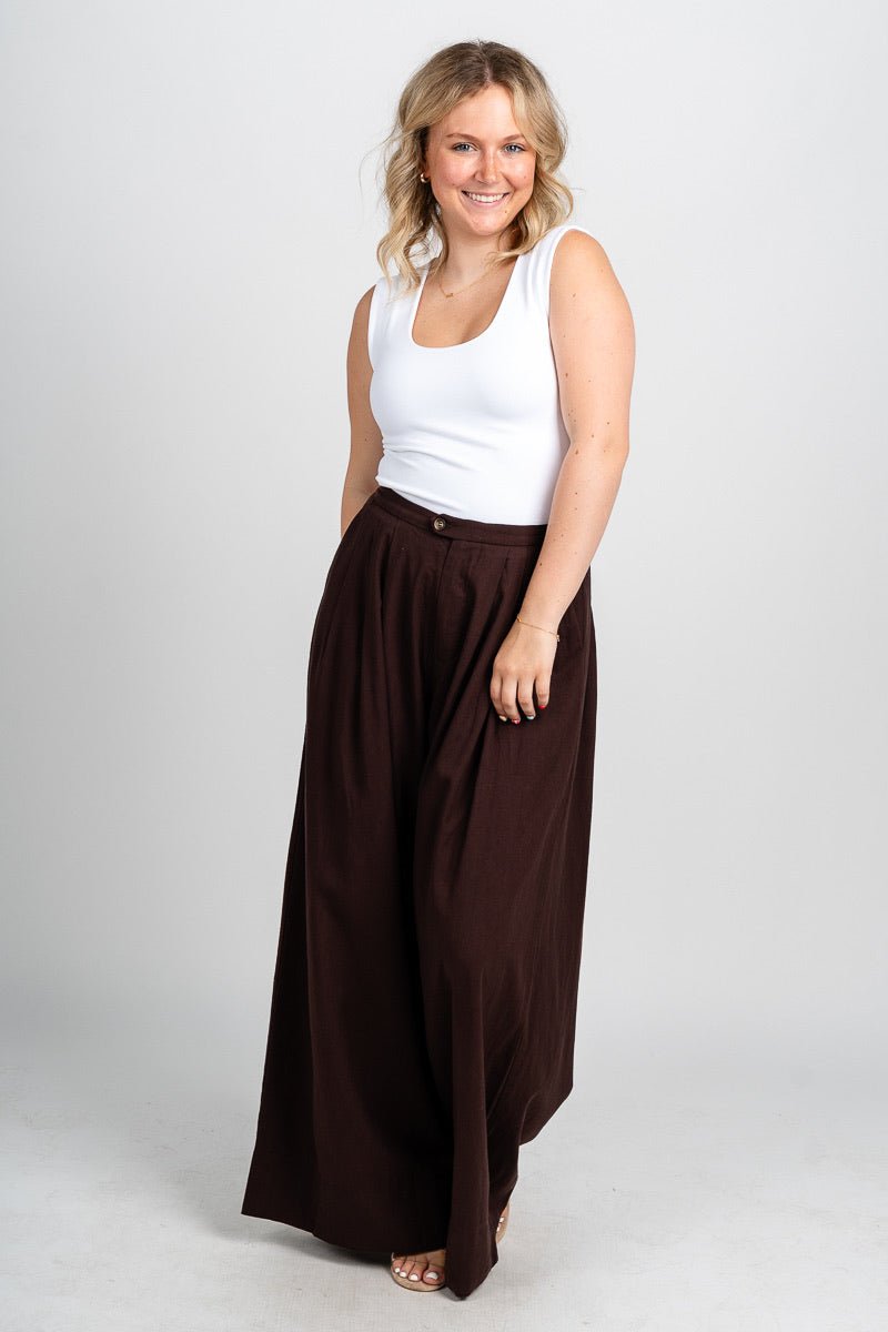Pleated wide leg linen pants espresso | Lush Fashion Lounge: women's boutique pants, boutique women's pants, affordable boutique pants, women's fashion pants