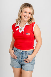 American flag collared crop top red/white - Trendy Top - Cute American Summer Collection at Lush Fashion Lounge Boutique in Oklahoma City
