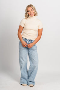 Short sleeve turtleneck sweater cream - Trendy Sweaters | Cute Pullover Sweaters at Lush Fashion Lounge Boutique in Oklahoma City