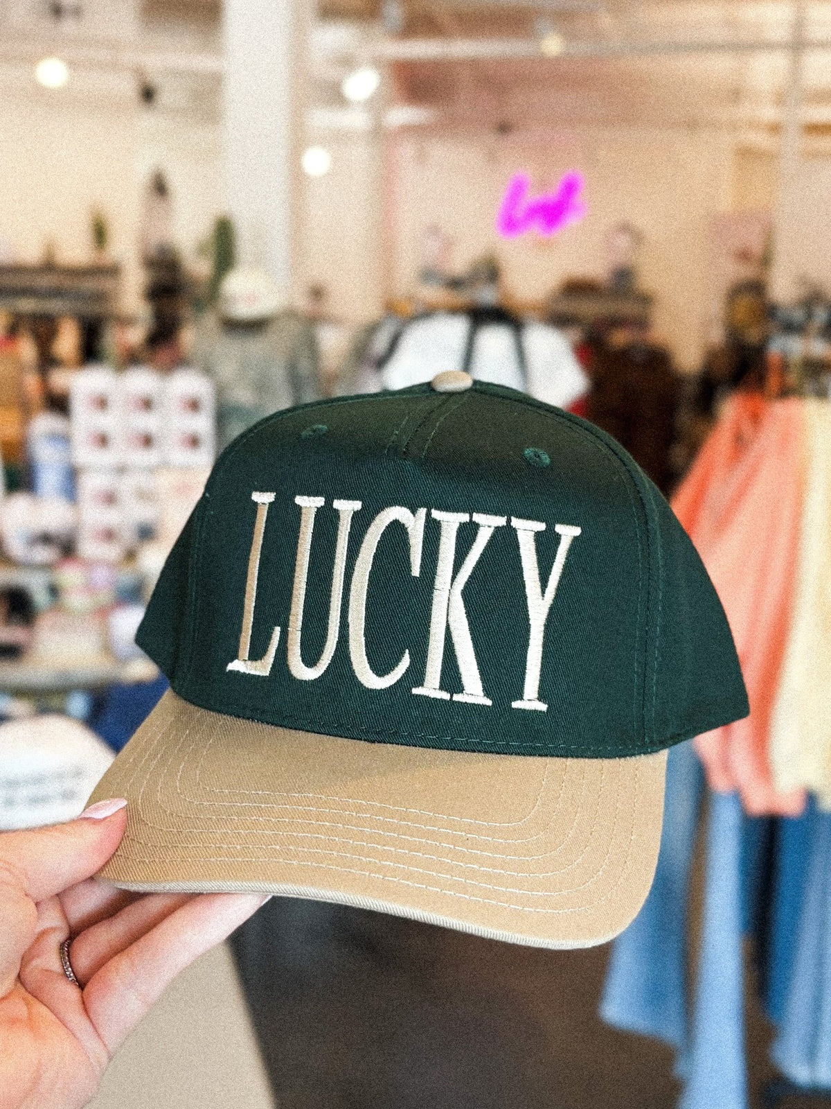 Lucky embroidered hat green/khaki - Trendy T-Shirts for St. Patrick's Day at Lush Fashion Lounge Boutique in Oklahoma City