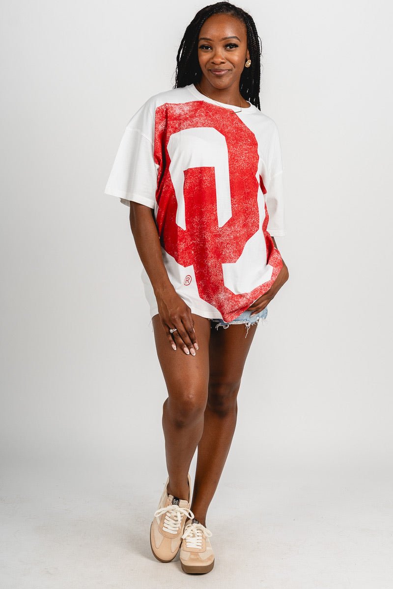 OU OU OKLA Lawson logo oversized t-shirt white T-shirt | Lush Fashion Lounge Trendy Oklahoma University Sooners Apparel & Cute Gameday T-Shirts