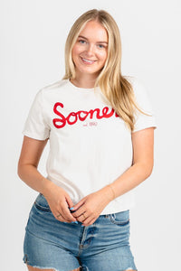 OU OU Sooners bold script Ellie tee vintage white T-shirt | Lush Fashion Lounge Trendy Oklahoma University Sooners Apparel & Cute Gameday T-Shirts