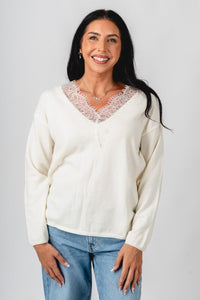 Lace trim sweater cream – Boutique Sweaters | Fashionable Sweaters at Lush Fashion Lounge Boutique in Oklahoma City
