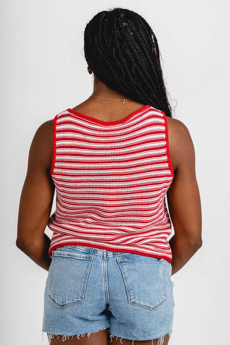 Striped crochet sleeveless sweater red/cream