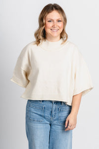 Mock neck short sleeve crop sweater ivory – Stylish Sweaters | Boutique Sweaters at Lush Fashion Lounge Boutique in Oklahoma City