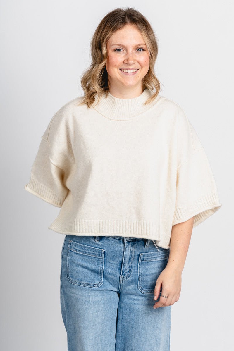 Mock neck short sleeve crop sweater ivory – Stylish Sweaters | Boutique Sweaters at Lush Fashion Lounge Boutique in Oklahoma City