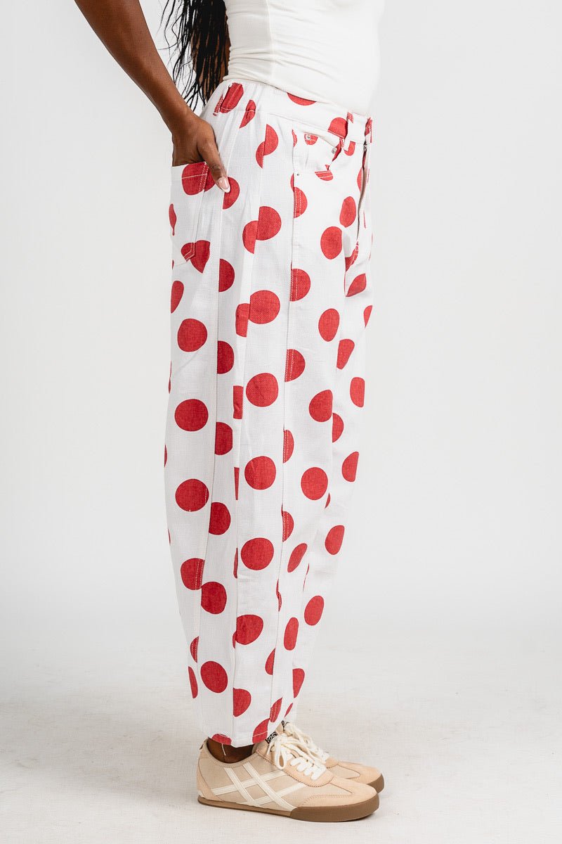Polka dot barrel jeans white/red | Lush Fashion Lounge: boutique women's jeans, fashion jeans for women, affordable fashion jeans, cute boutique jeans