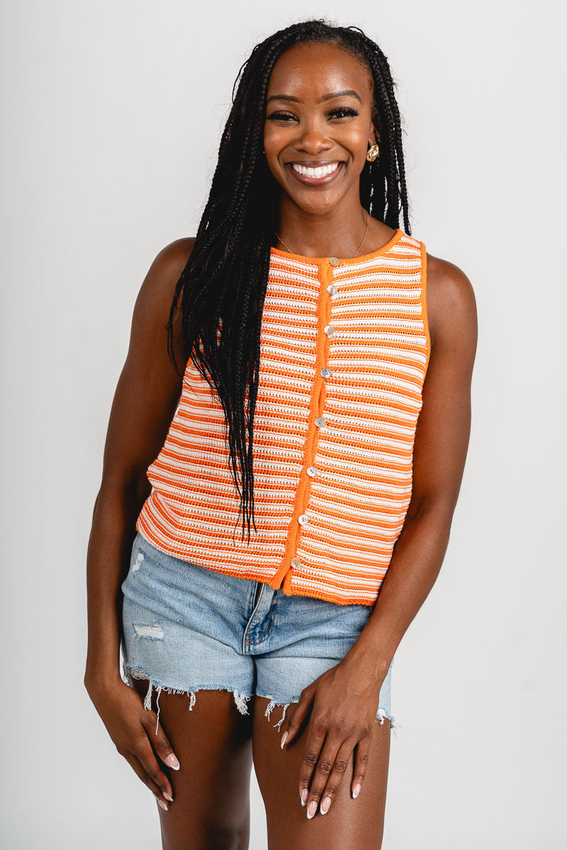 Striped crochet sleeveless sweater orange/cream
