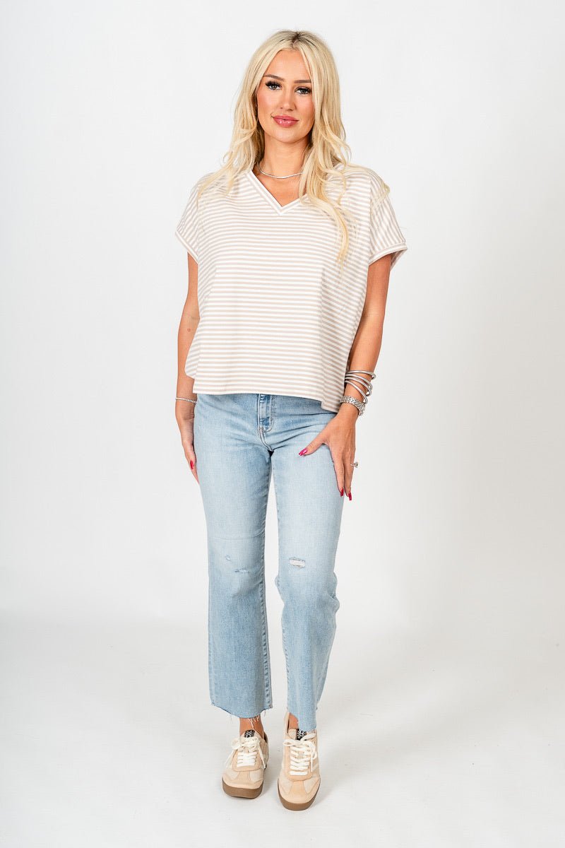 Boxy striped short sleeve top beige/white