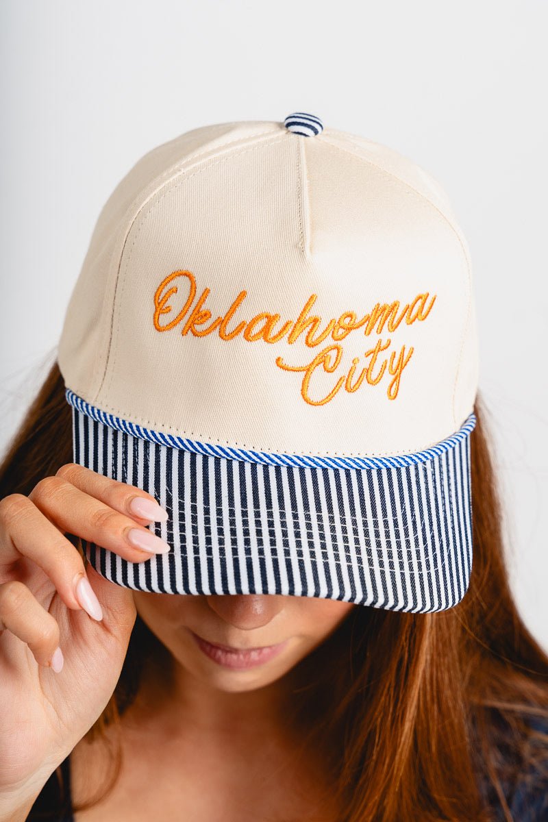 Oklahoma City script pin stripe hat navy pin stripe/cream - Trendy OKC Apparel at Lush Fashion Lounge Boutique in Oklahoma City