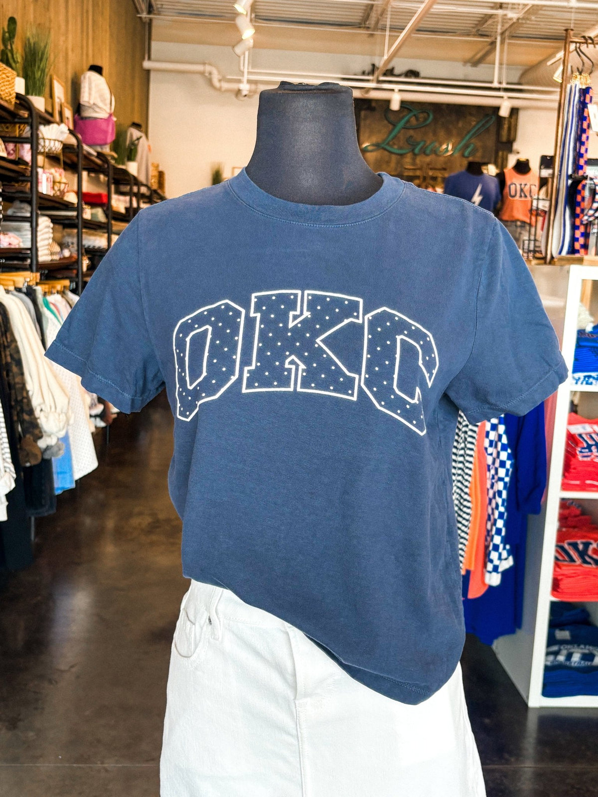 OKC block polka dot Ellie t-shirt navy - Trendy OKC Apparel at Lush Fashion Lounge Boutique in Oklahoma City