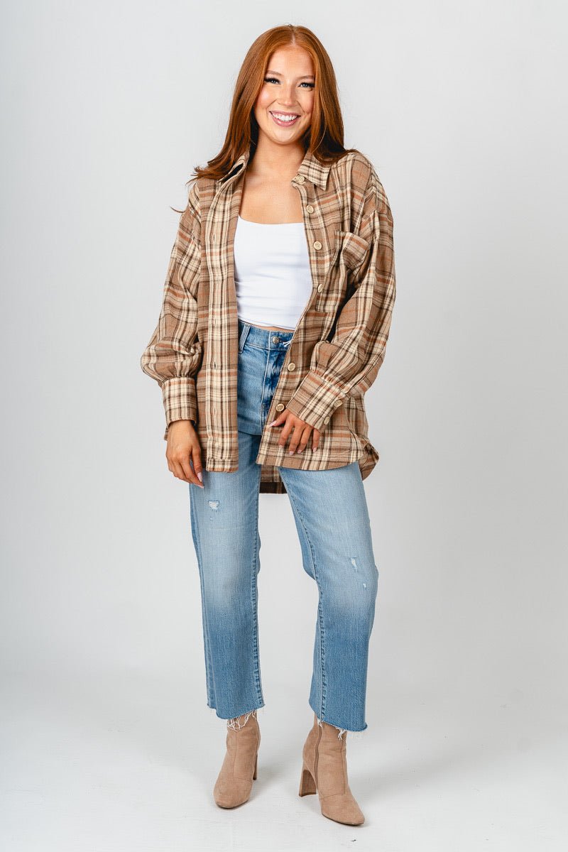 Button up plaid top beige