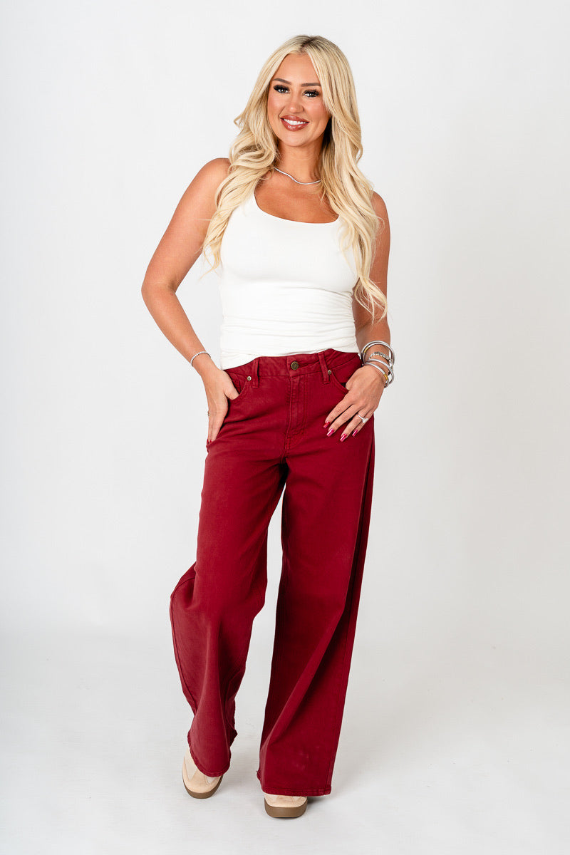 OU Just USA high rise palazzo wide leg jeans dark cherry jeans | Lush Fashion Lounge Trendy Oklahoma University Sooners Apparel & Cute Gameday T-Shirts