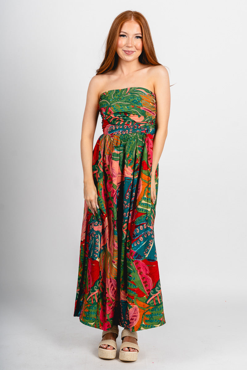 Strapless tropical maxi dress calypso coral - Stylish dress - Trendy Staycation Outfits at Lush Fashion Lounge Boutique in Oklahoma City