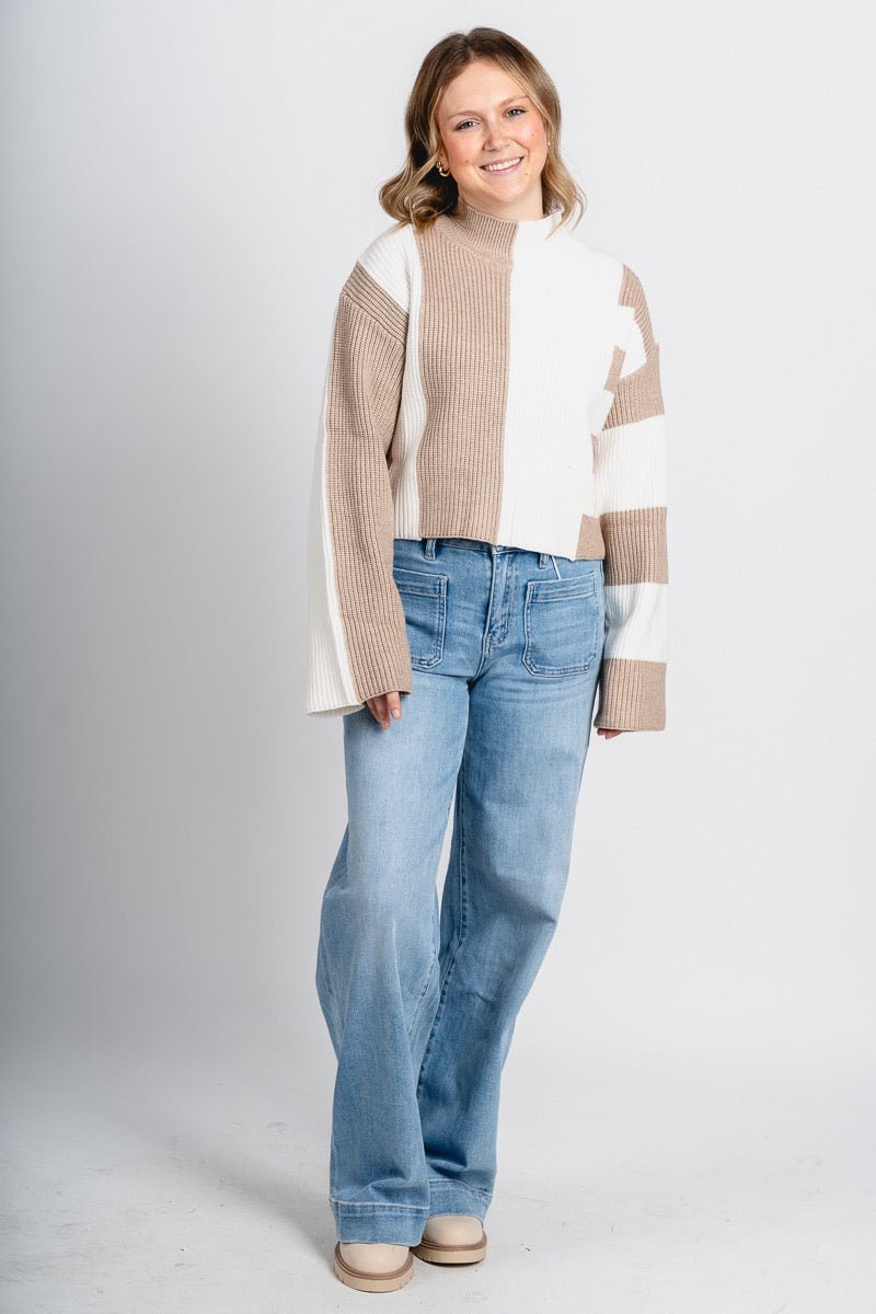 Color block sweater taupe/ivory – Unique Sweaters | Lounging Sweaters and Womens Fashion Sweaters at Lush Fashion Lounge Boutique in Oklahoma City
