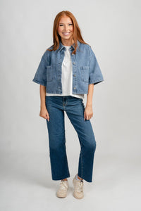 Cropped short sleeve denim jacket blue – Fashionable Jackets | Trendy Blazers at Lush Fashion Lounge Boutique in Oklahoma City