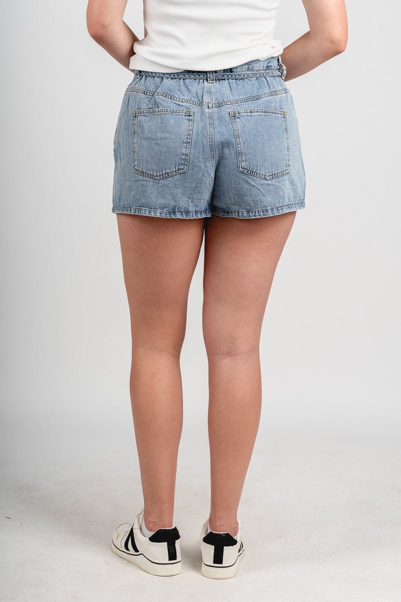 High rise tie waist denim shorts light denim