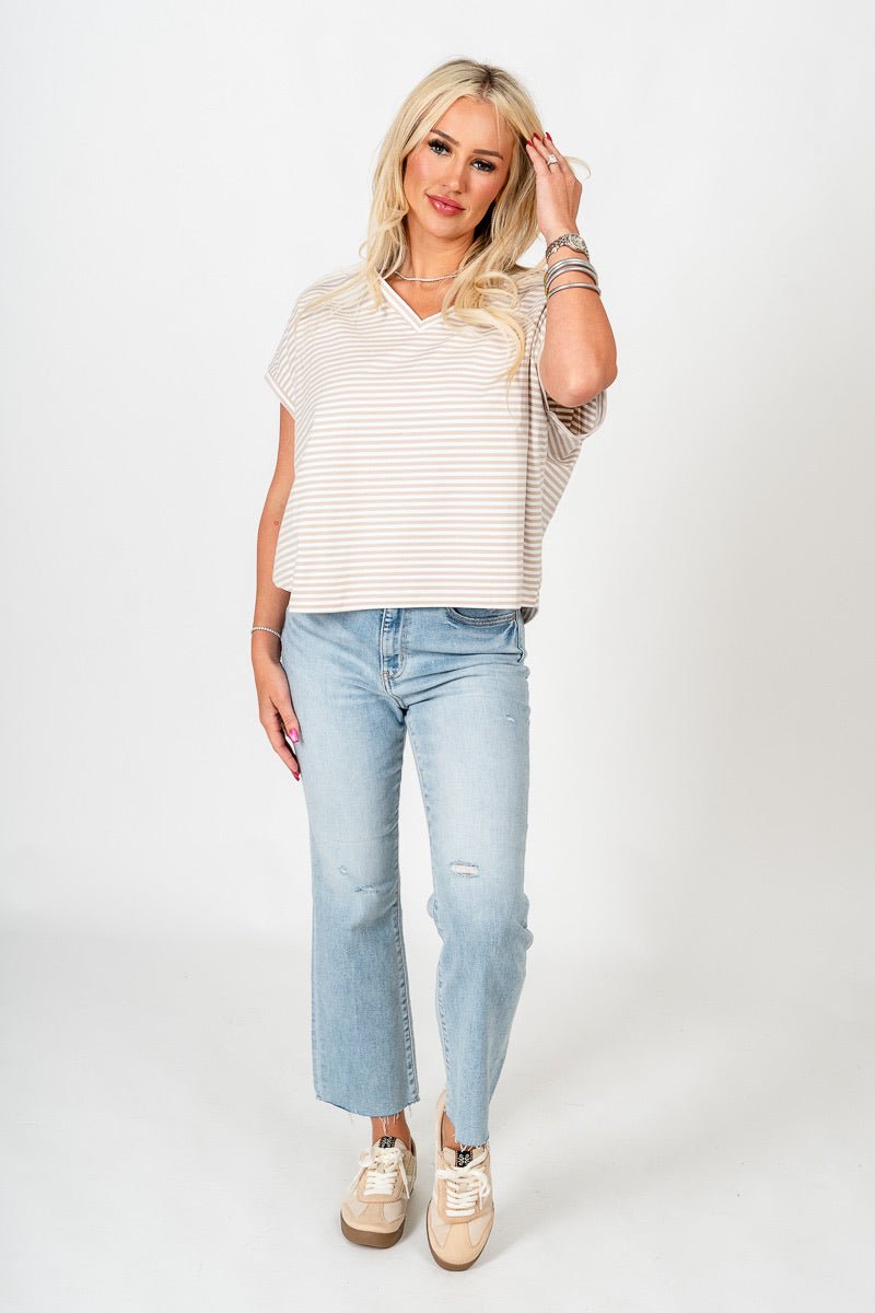 Boxy striped short sleeve top beige/white