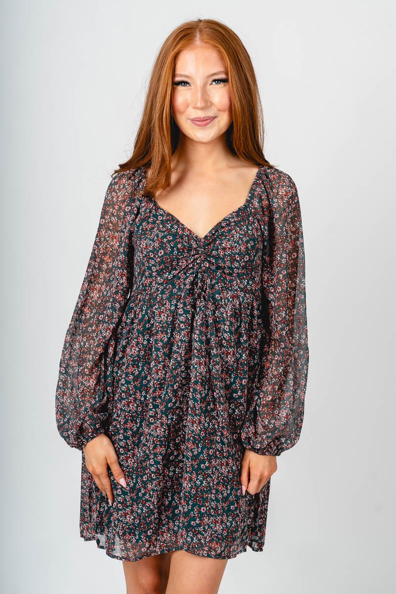 Floral babydoll dress dark green