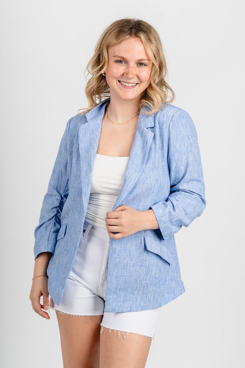 Chambray blazer light blue – Affordable Blazers | Cute Black Jackets at Lush Fashion Lounge Boutique in Oklahoma City