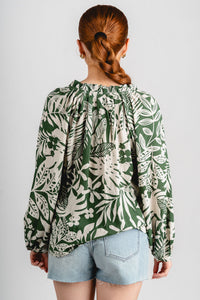 Tropical ruffle neck blouse Ibiza palm - Adorable top - Stylish Vacation T-Shirts at Lush Fashion Lounge Boutique in Oklahoma City