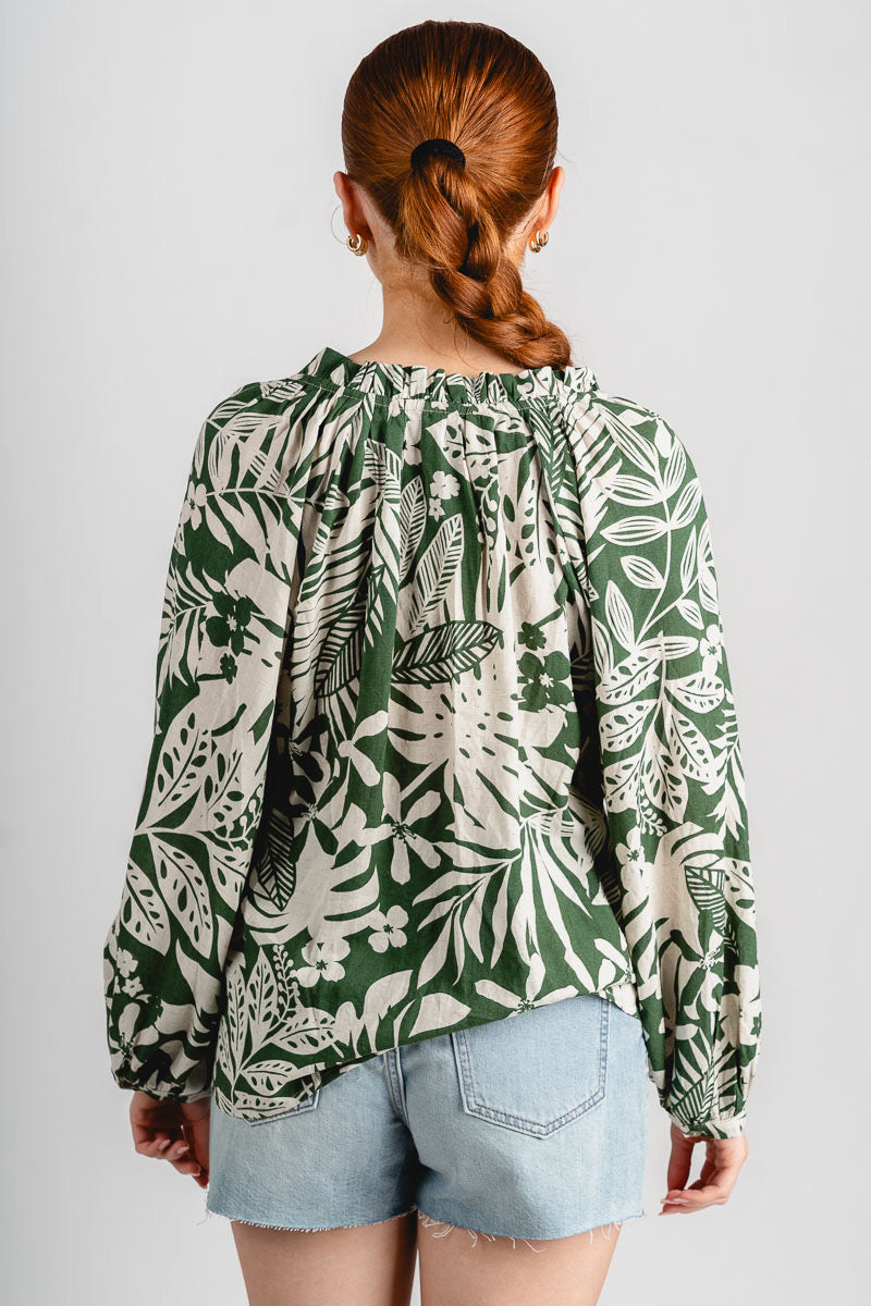 Tropical ruffle neck blouse Ibiza palm - Adorable top - Stylish Vacation T-Shirts at Lush Fashion Lounge Boutique in Oklahoma City