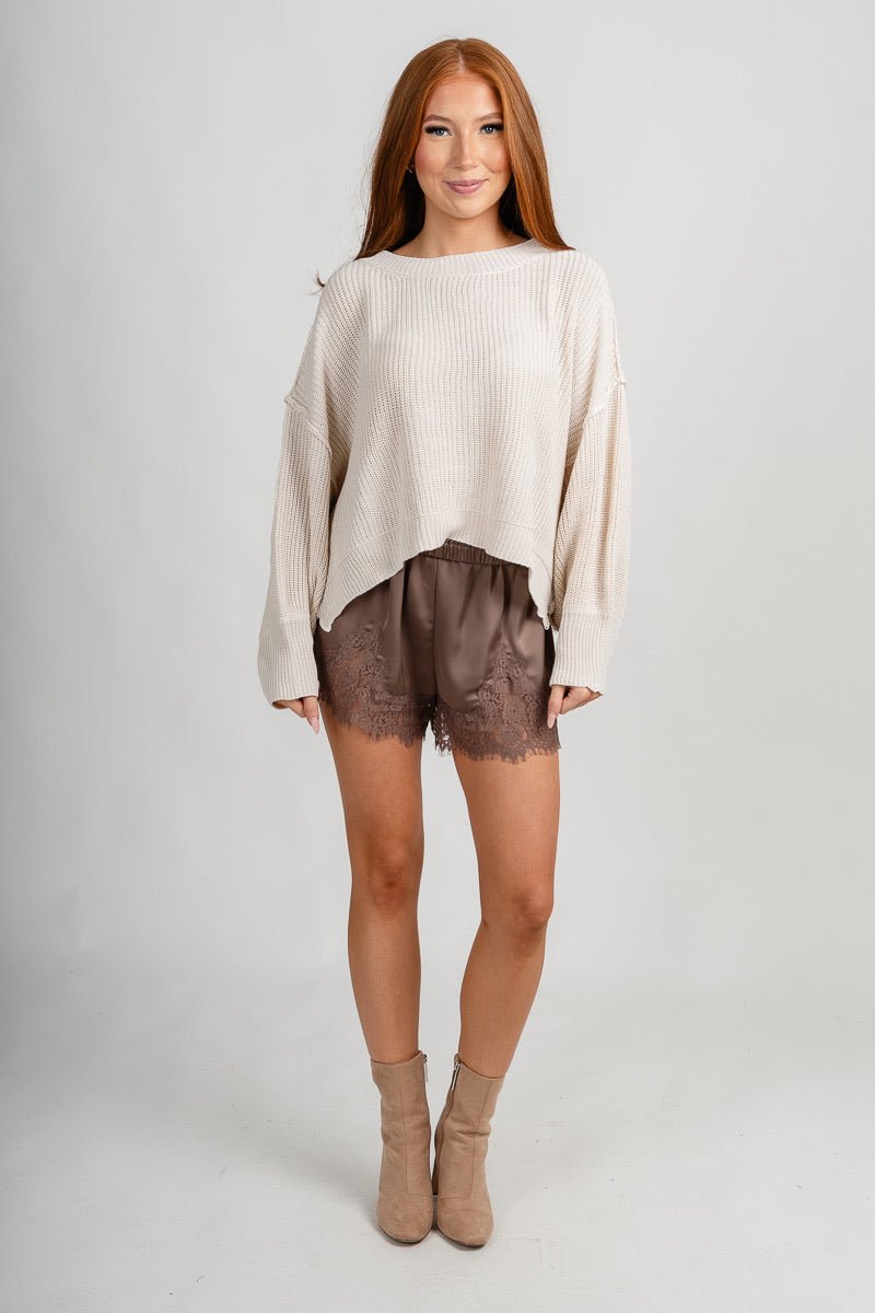 Lace trim satin shorts mocha