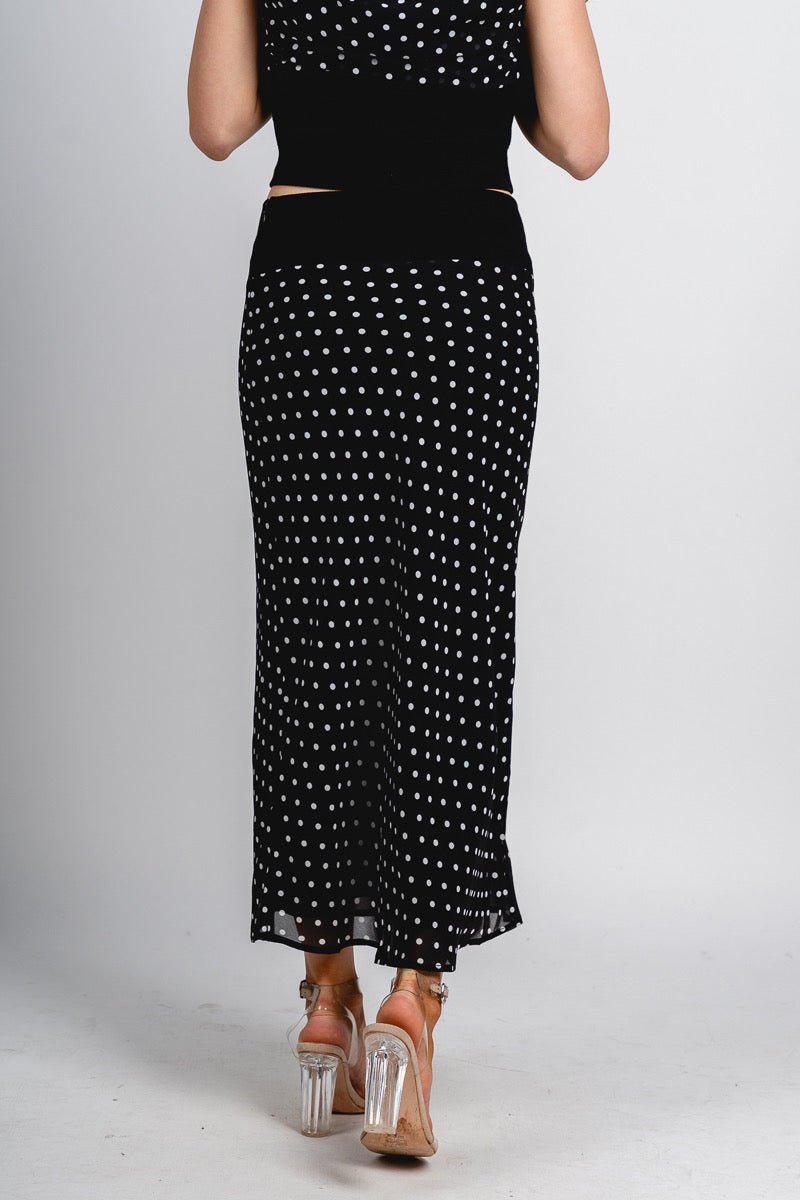 Polka dot midi skirt black/white | Lush Fashion Lounge: boutique fashion skirts, affordable boutique skirts, cute affordable skirts