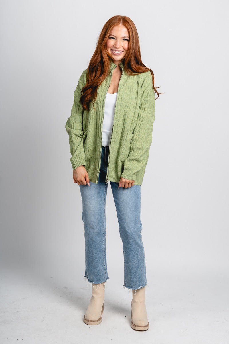 Zip front cable knit cardigan olive