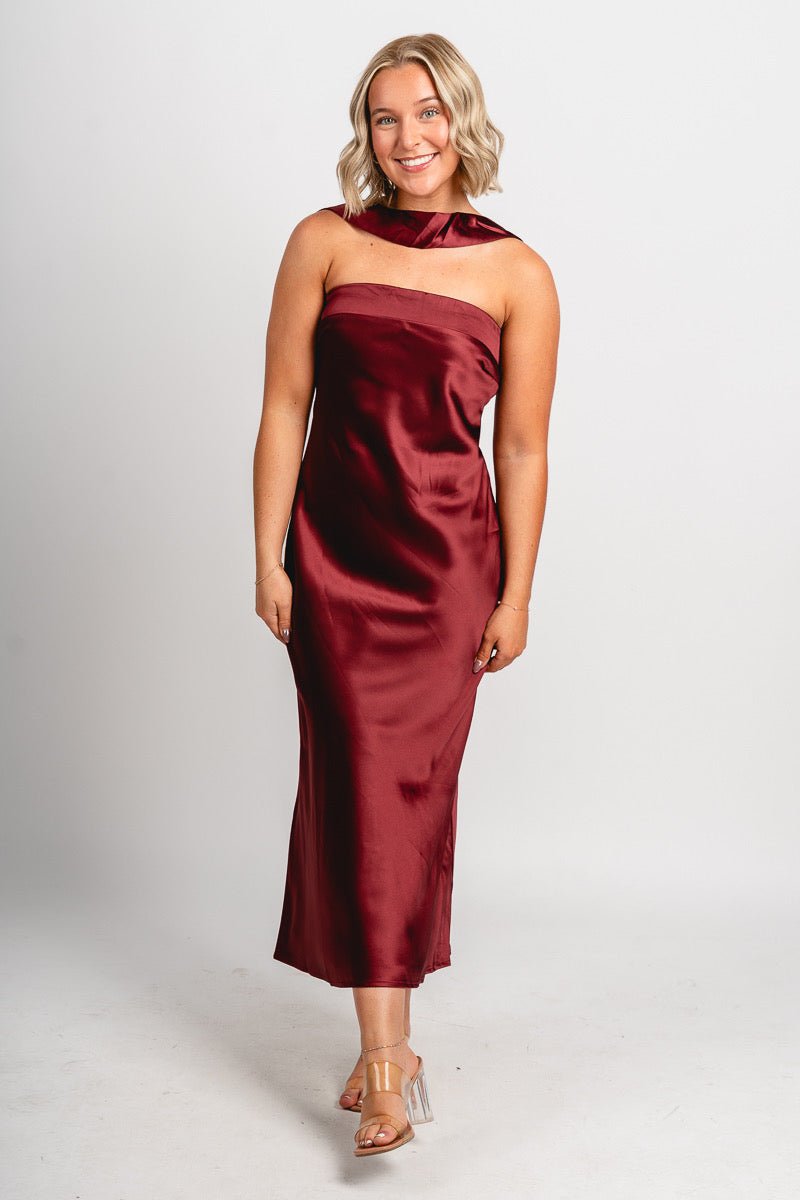 Scarf detail satin midi dress burgundy - Exclusive Collection of Holiday Inspired T-Shirts and Hoodies at Lush Fashion Lounge Boutique in Oklahoma City