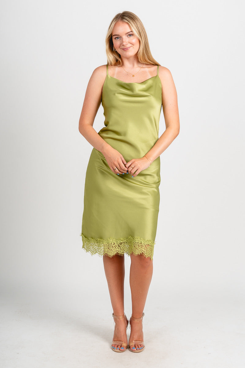 Satin lace trim midi dress chartreuse