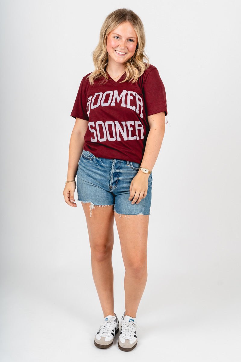 OU OU Sooners boomer sooner simple v-neck t-shirt crimson T-shirt | Lush Fashion Lounge Trendy Oklahoma University Sooners Apparel & Cute Gameday T-Shirts