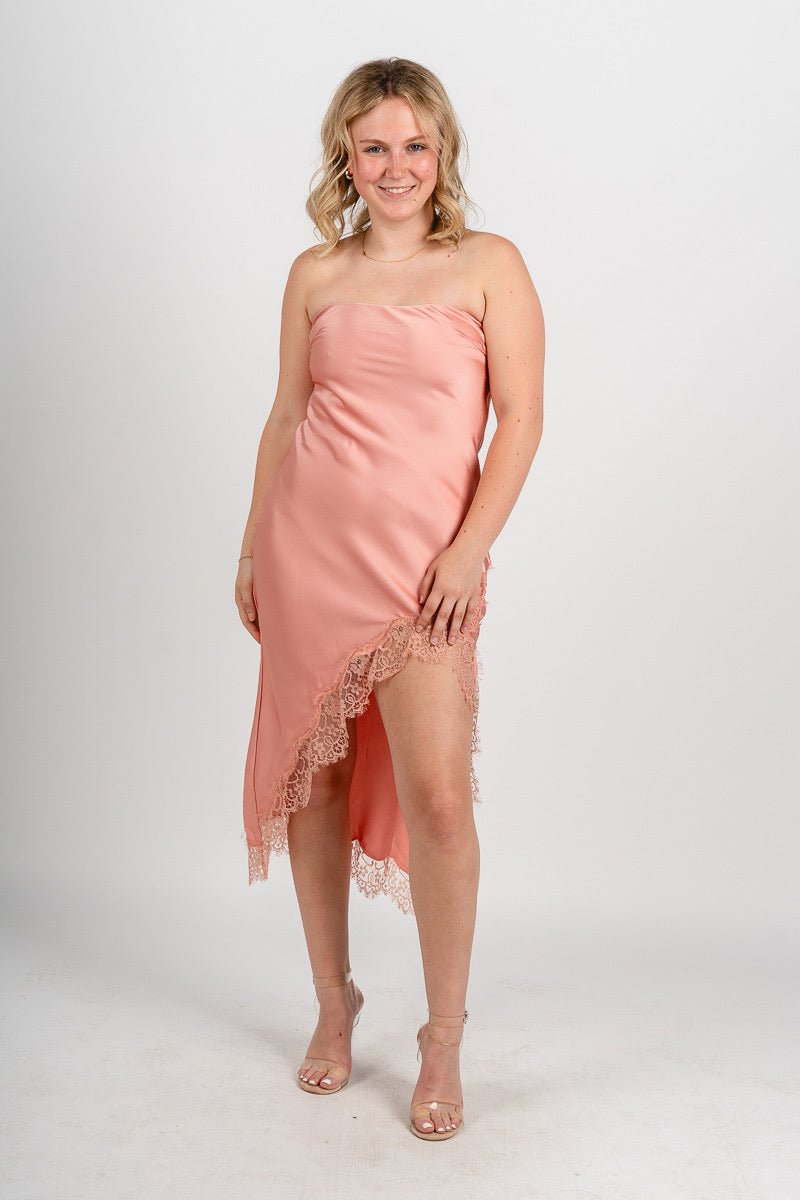 Strapless satin lace trim midi dress apricot - Cute dress - Trendy Dresses at Lush Fashion Lounge Boutique in Oklahoma City