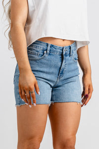 Just USA high rise walking shorts light denim - Trendy shorts - Cute Vacation Collection at Lush Fashion Lounge Boutique in Oklahoma City