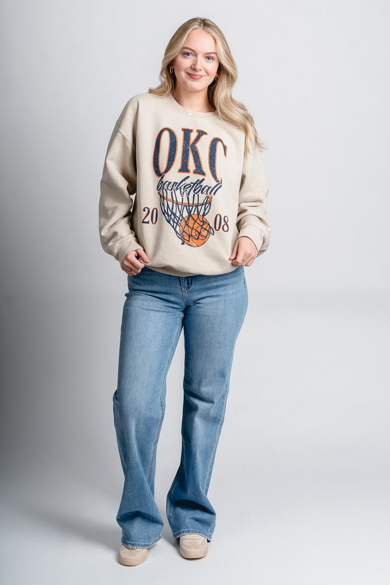 OKC big basketball thrifted sweatshirt natural - Trendy OKC Thunder T-Shirts at Lush Fashion Lounge Boutique in Oklahoma City