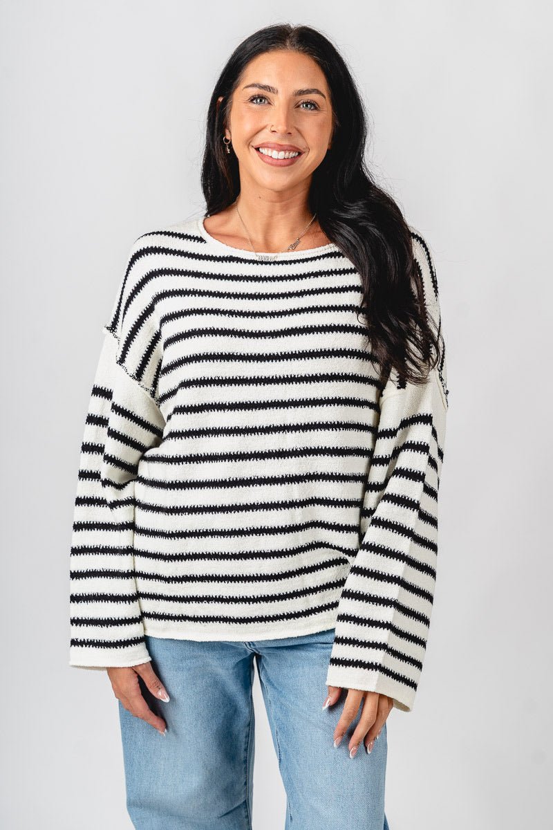 Striped oversized sweater cream/black – Stylish Sweaters | Boutique Sweaters at Lush Fashion Lounge Boutique in Oklahoma City