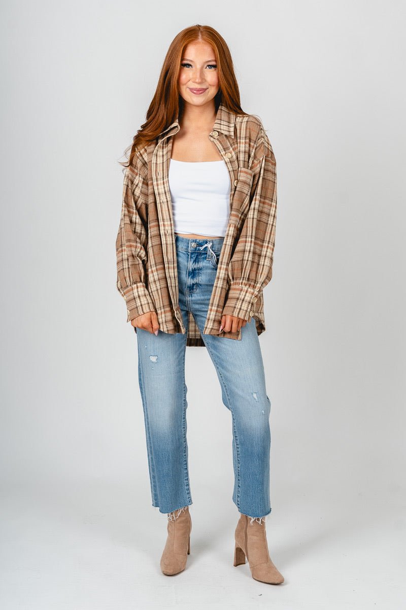 Button up plaid top beige