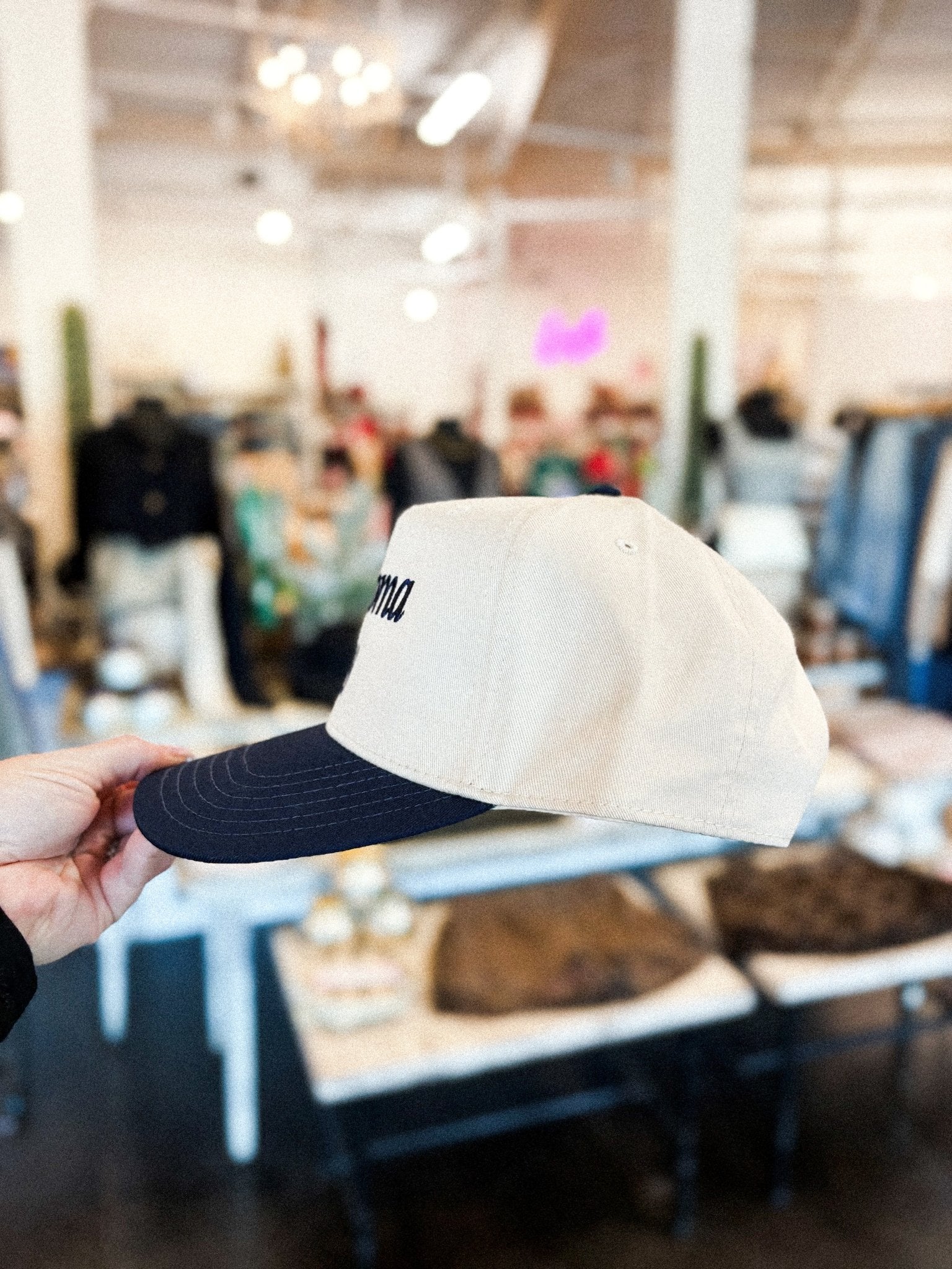 Oklahoma City stacked two tone hat natural/navy - Oklahoma City inspired graphic t-shirts at Lush Fashion Lounge Boutique in Oklahoma City