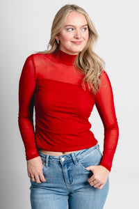 Mesh long sleeve top red - Trendy T-Shirts for Valentine's Day at Lush Fashion Lounge Boutique in Oklahoma City