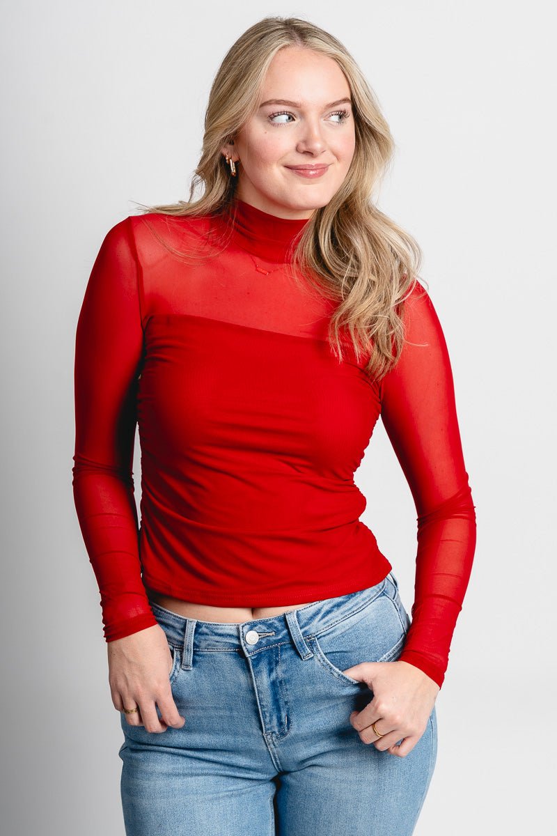 Mesh long sleeve top red - Trendy T-Shirts for Valentine's Day at Lush Fashion Lounge Boutique in Oklahoma City