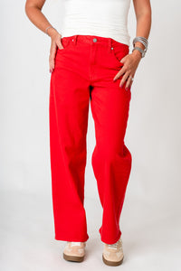 OU Just USA high rise vintage straight jeans red jeans | Lush Fashion Lounge Trendy Oklahoma University Sooners Apparel & Cute Gameday T-Shirts
