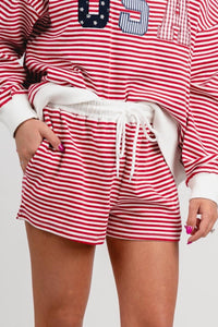 Mid rise striped shorts red/white - Trendy Shorts - Cute American Summer Collection at Lush Fashion Lounge Boutique in Oklahoma City