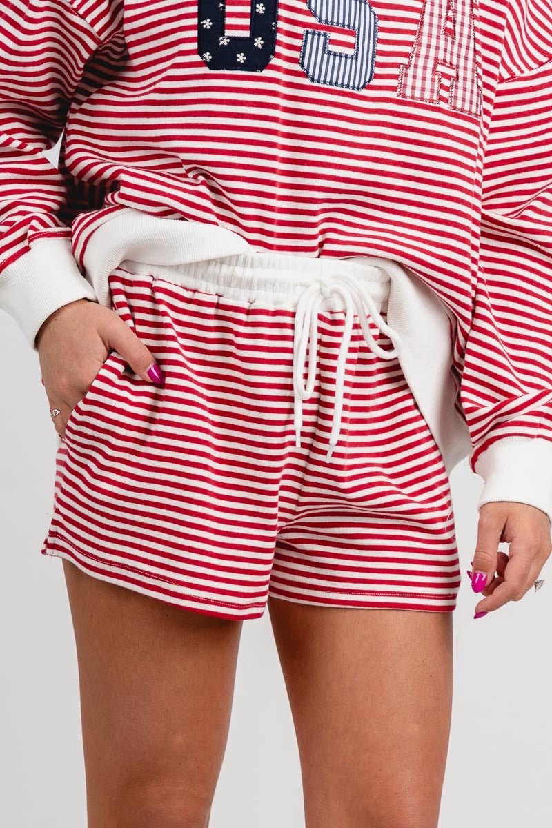 Mid rise striped shorts red/white - Trendy Shorts - Cute American Summer Collection at Lush Fashion Lounge Boutique in Oklahoma City
